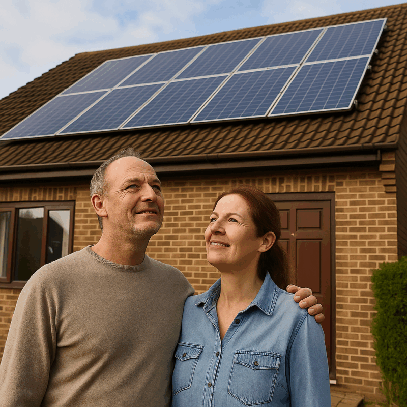 Couple looking at their new solar PV system installed under ECO4 scheme