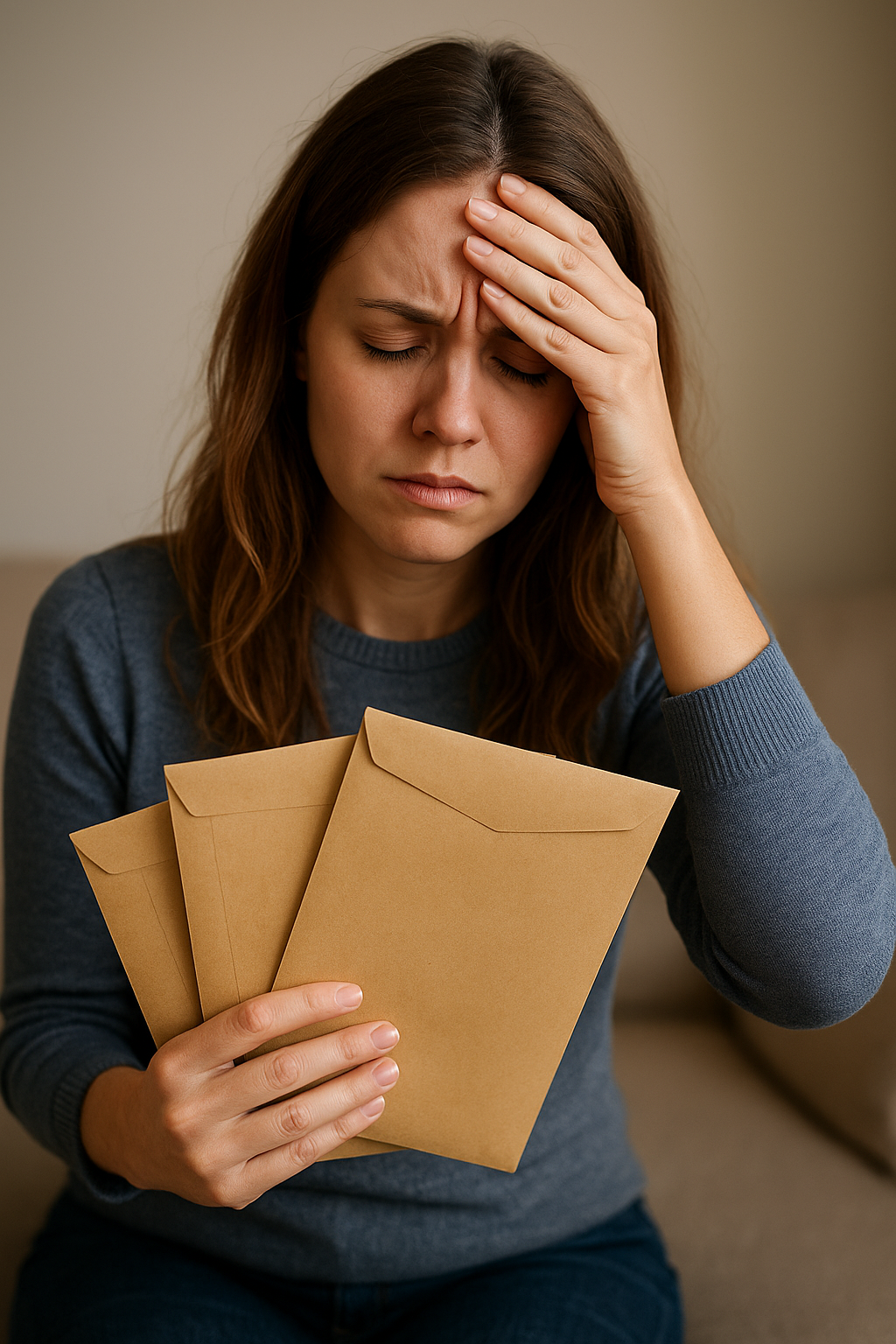 👉 “Stressed woman holding envelopes, symbolising official letters arriving on a Friday.”