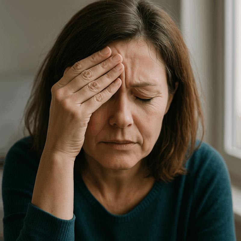 "Anxious middle-aged woman holding her head in distress, representing the emotional impact of PIP refusal on mental health grounds