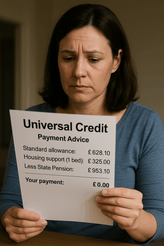 “Woman reading a Universal Credit payment advice letter showing a £0.00 payment after State Pension deduction.”