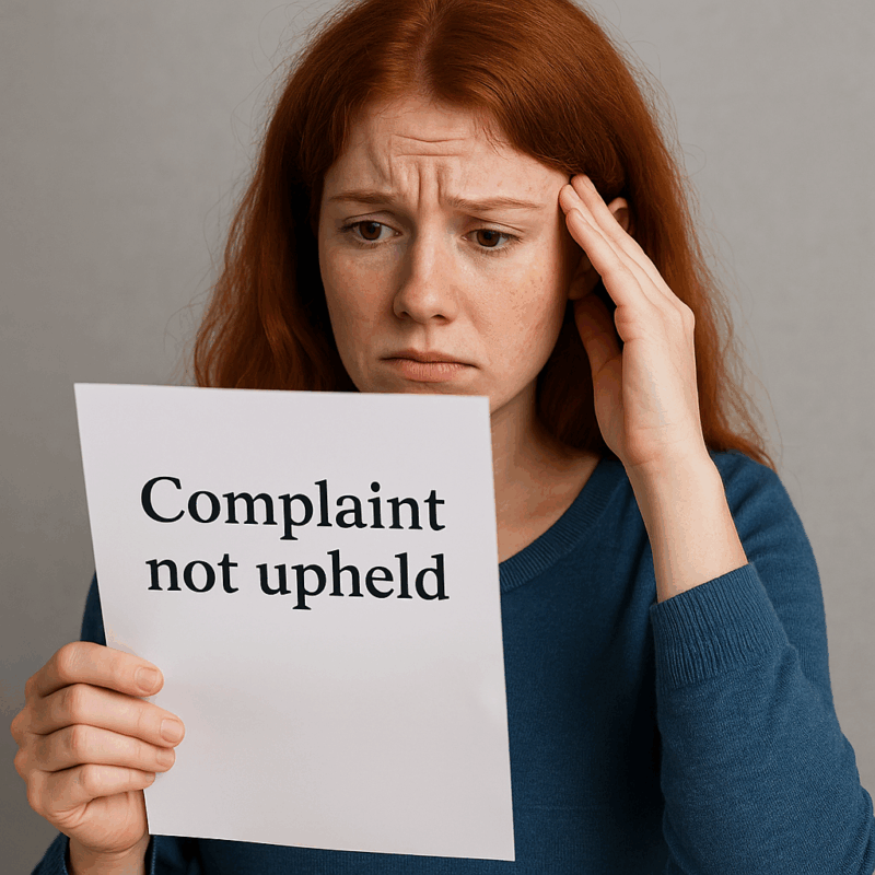 “Worried reading a letter that says Complaint Not Upheld – representing consumer frustration with Ombudsman decisions.”