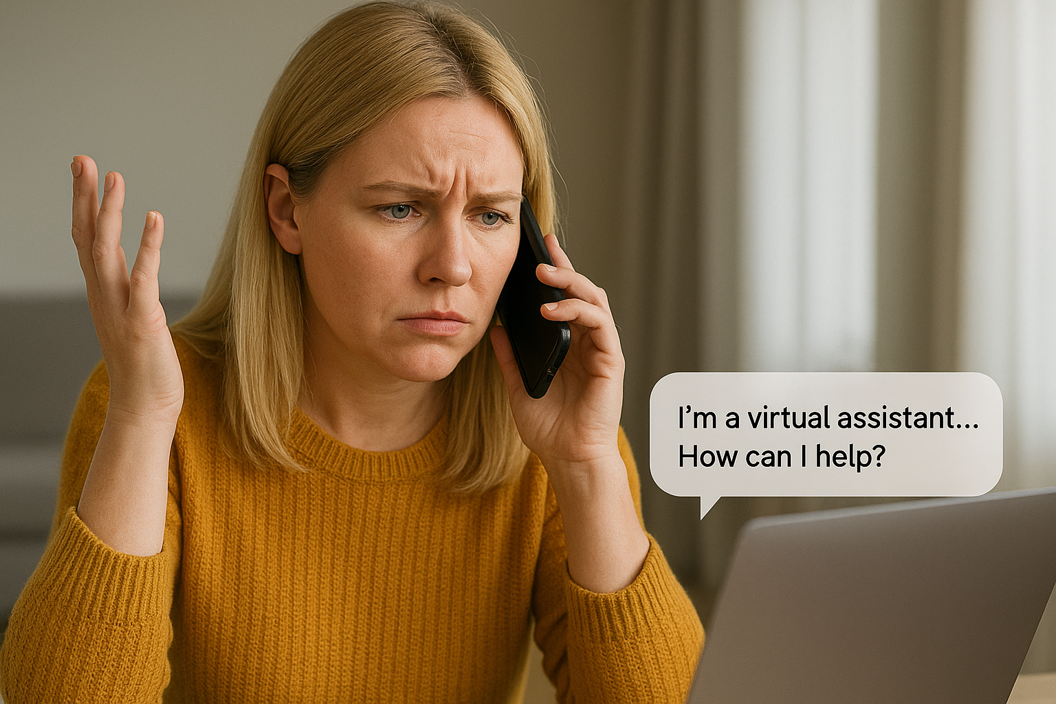 Frustrated woman on phone looking at laptop chatbot screen saying “I’m a virtual assistant, how can I help?” – representing consumers struggling to complain to big companies