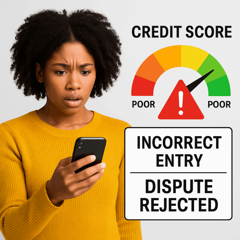 Worried woman looking at her phone with a credit score warning graphic, representing credit reference agency errors.