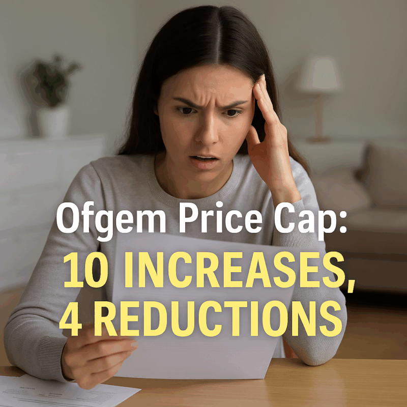 A concerned woman looking at a high energy bill, with overlaid text reading ‘Ofgem Price Cap: 10 Increases, 4 Reductions.
